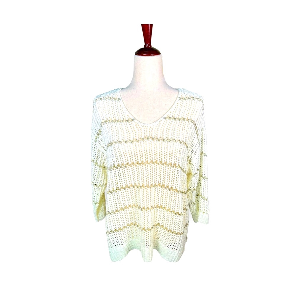 NWT Chico’s Off White 3/4 sleeve open weave sweater with metallic stripe//Size 1 - Picture 1 of 7